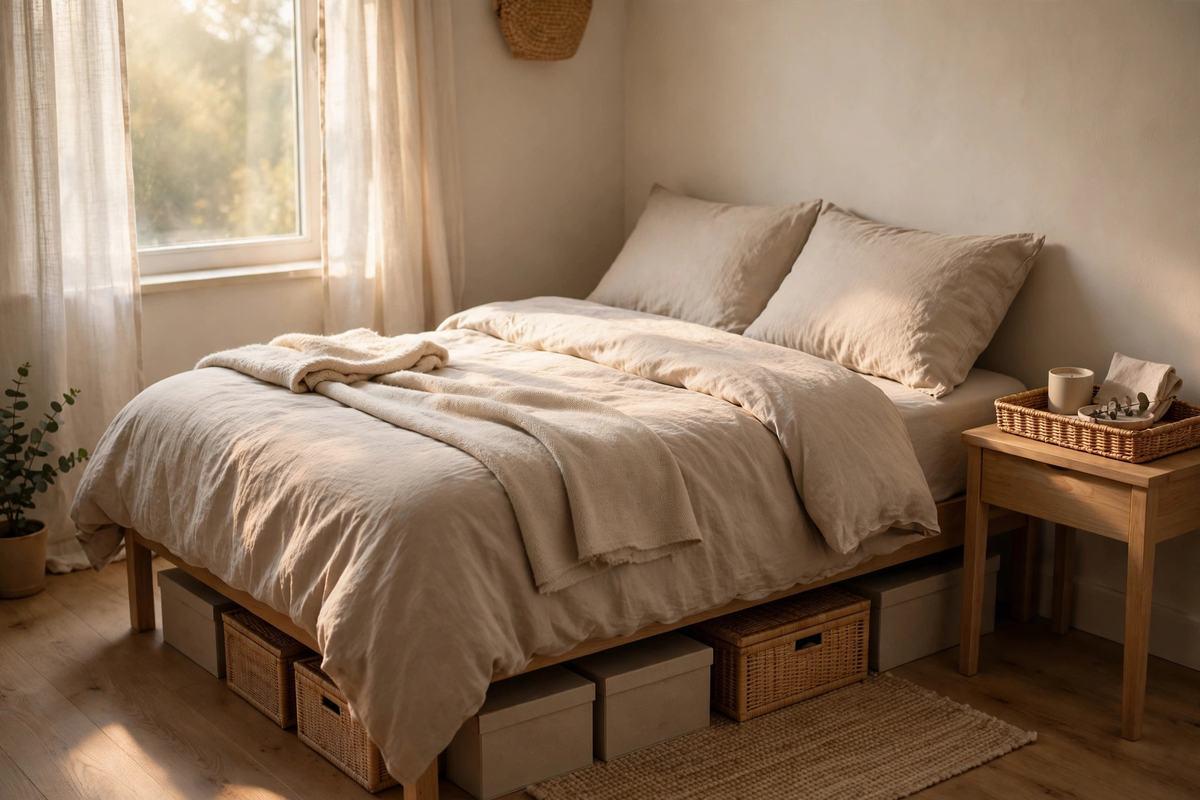 Cozy bedroom with under-bed storage boxes