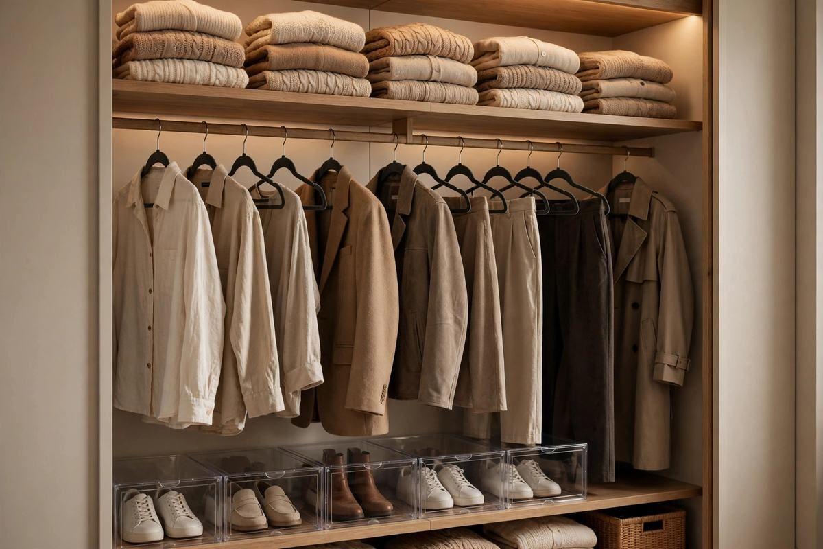 Capsule wardrobe closet with clothes on slim hangers