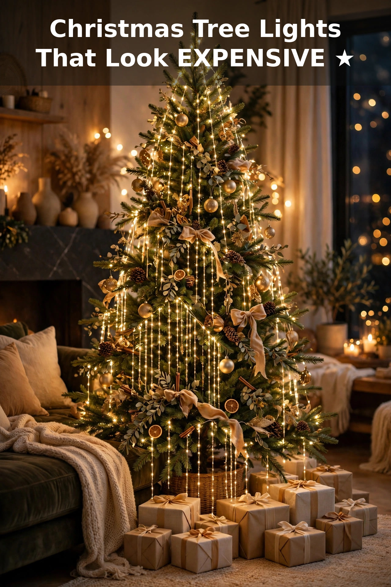 Waterfall Christmas tree lights cascading over a decorated Christmas tree