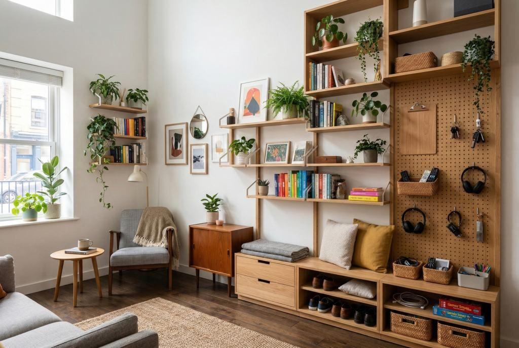 Bright organized living room with wooden shelving, baskets and pegboard holding remotes