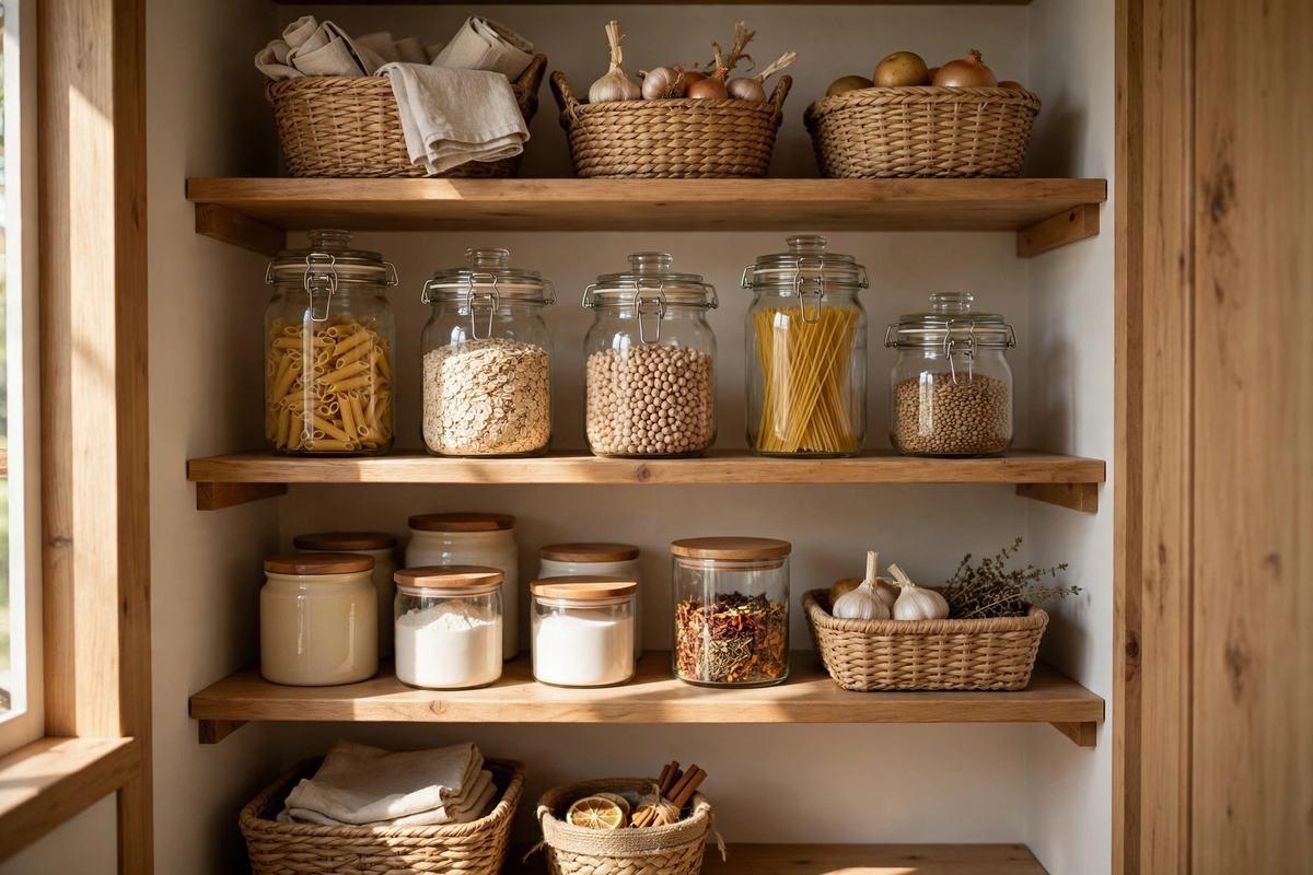 Pantry with clear glass jars and labeled containers
